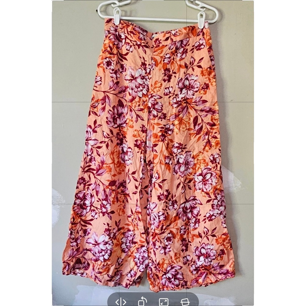 Rachel Zoe 100% Linen Floral Wide Leg Pants Peach Orange Large